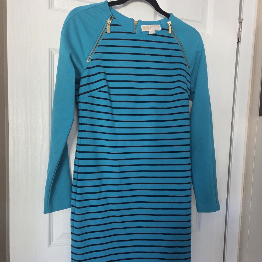 Michael Kors Teal and Black Striped Dress with Gold Zippers